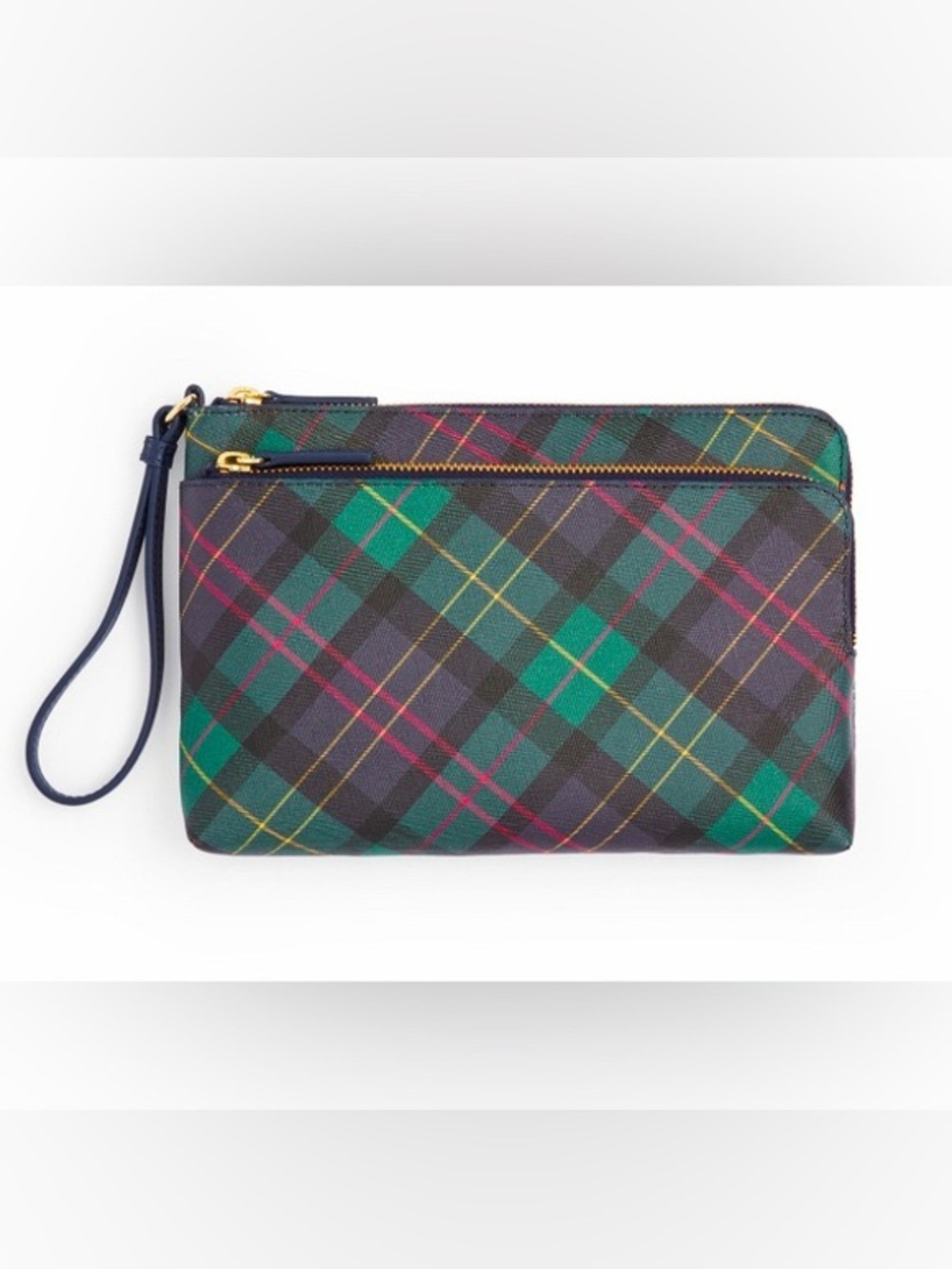 Talbots Green Plaid Double-Zip Wristlet Clutch